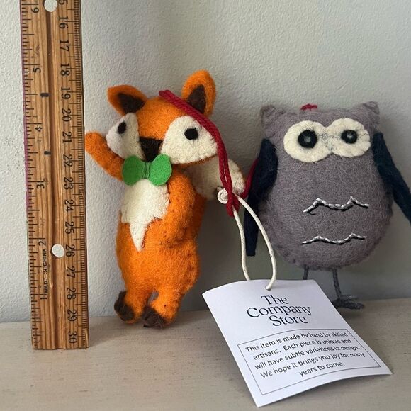 The Company Store Handcrafted Set of Owl Fox Holiday Felt Ornaments, New - Picture 3 of 5